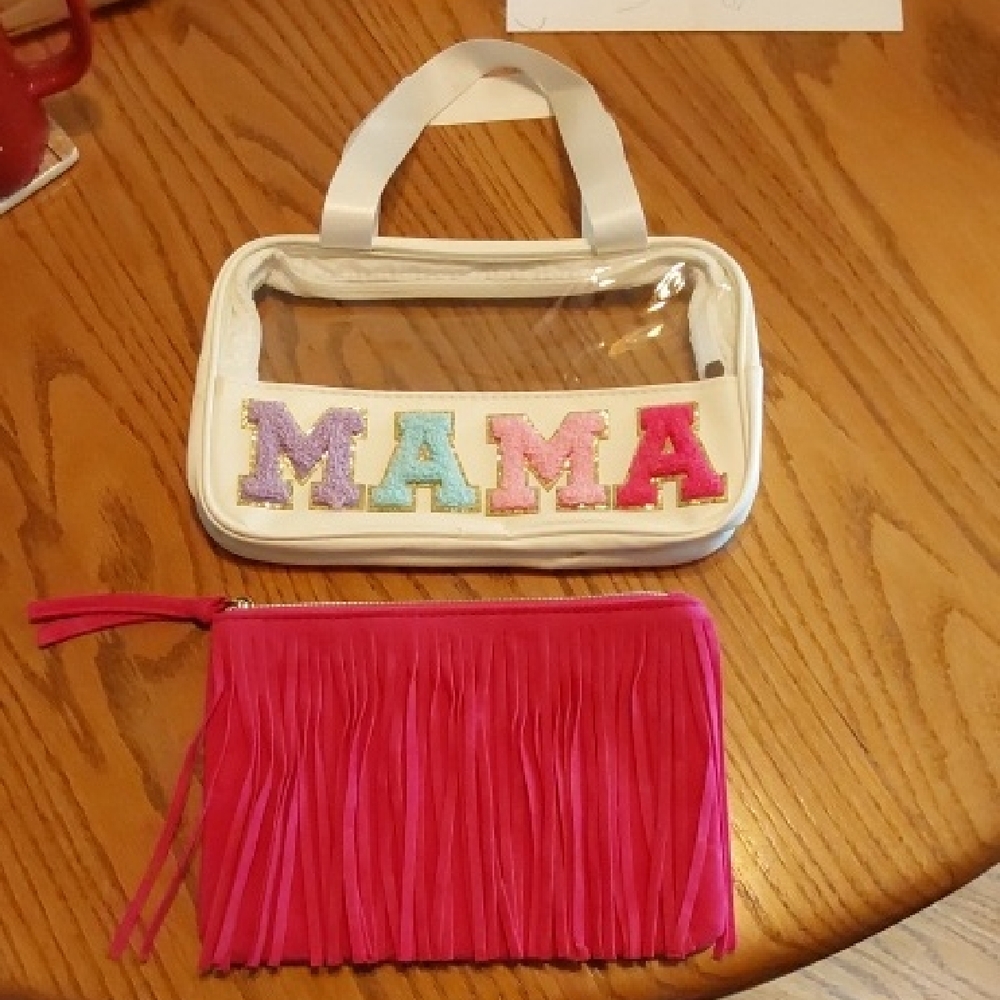 Clear Tote with MAMA Letters and Pink Fringe Clutch
